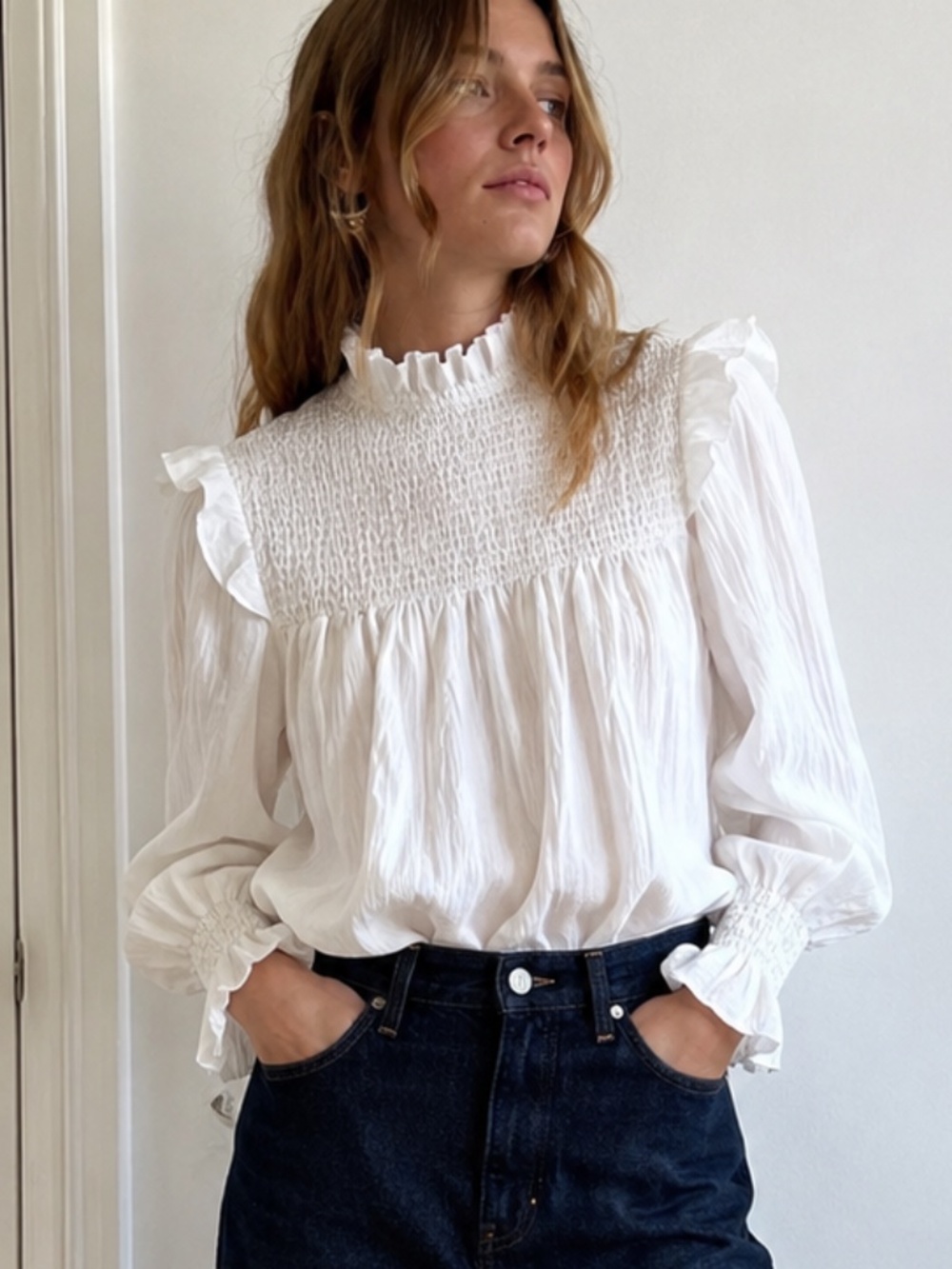 French Connection White Smocked Ruffle High Neck Blouse S